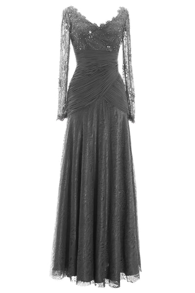 MACloth Women Long Sleeve V Neck Bead Mother of Bride Formal Dress Evening Gown