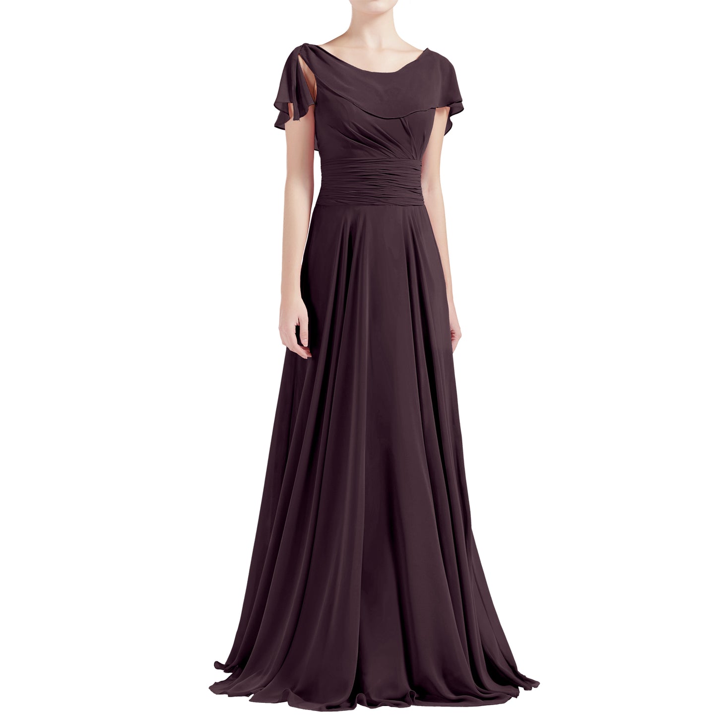 MACloth Damen O-Ausschnitt Rüschen Kurze Ärmel A-Linie Maxikleid Hochzeit Brautjungfernkleid