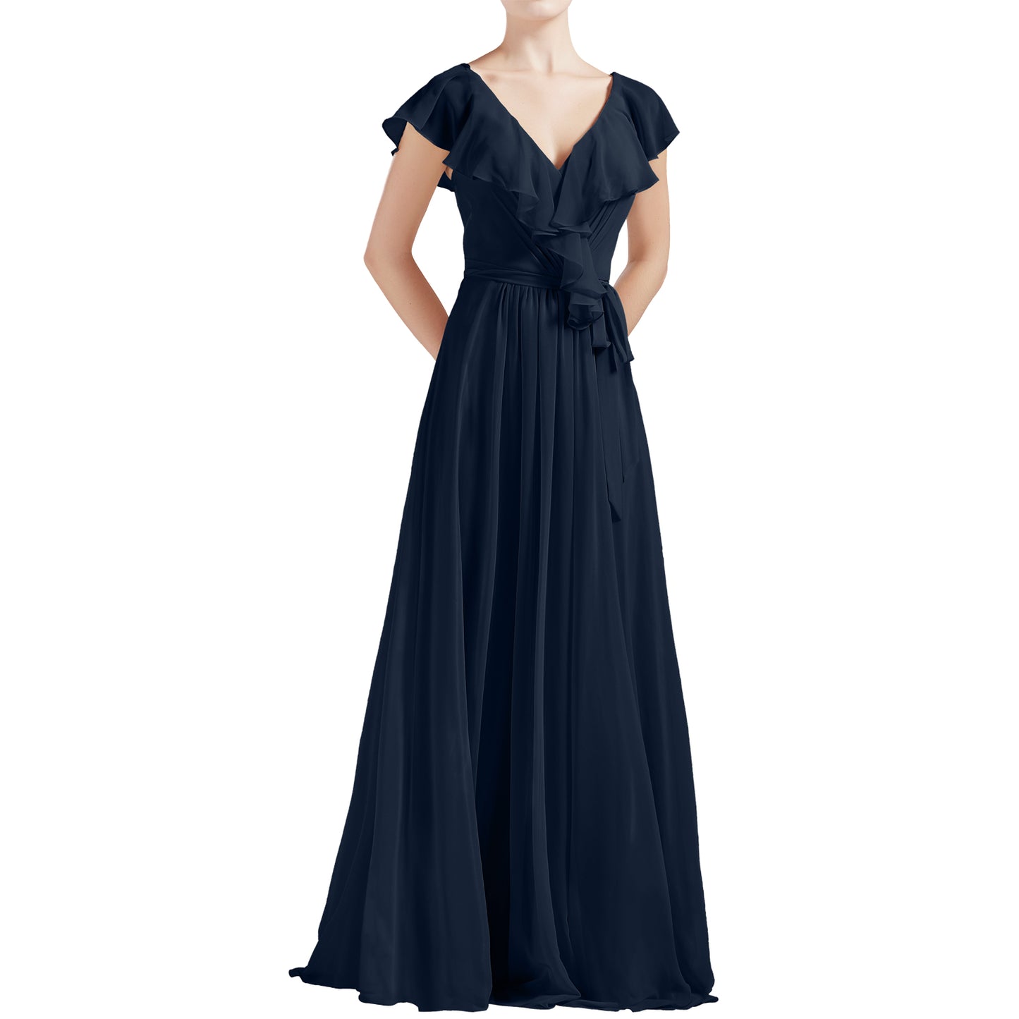 MACloth Women V Neck Ruffle Cap Sleeves Long Bridesmaid Dresses