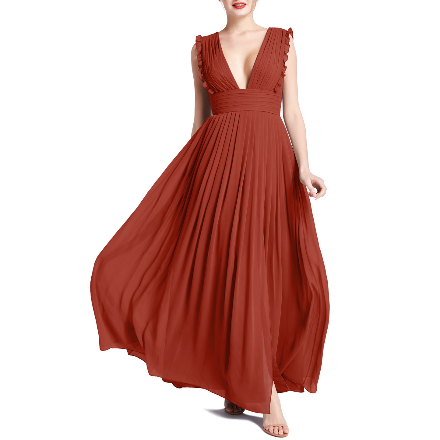 MACloth Women V Neck Ruffle Long Pleated Wedding Party Bridesmaid Dresses