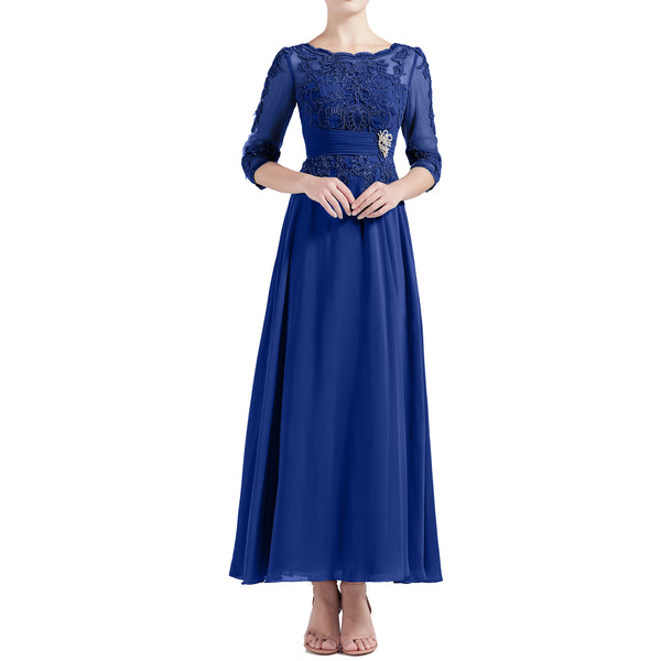 MACloth Women Tea Length 3/4 Sleeve Boat Neck Mother Bride Dresses Bridal Party