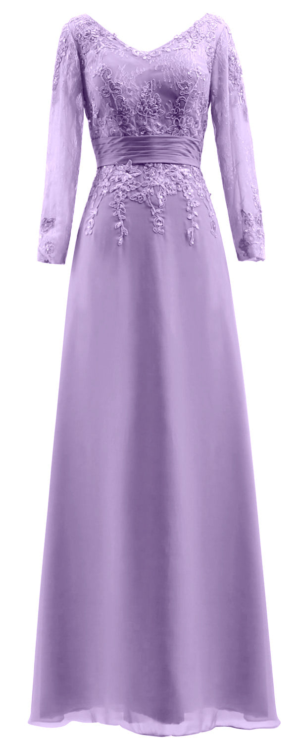 MACloth Vestidos de madre de la novia Mangas largas Cuello en V Encaje Vestido de noche formal