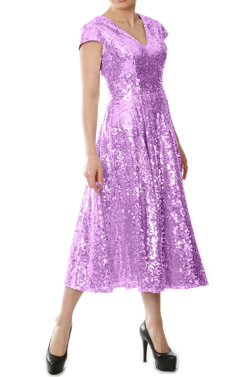 MACloth Damen Midi-Kleid für die Brautmutter, Pailletten, Flügelärmel, für Hochzeit, Party