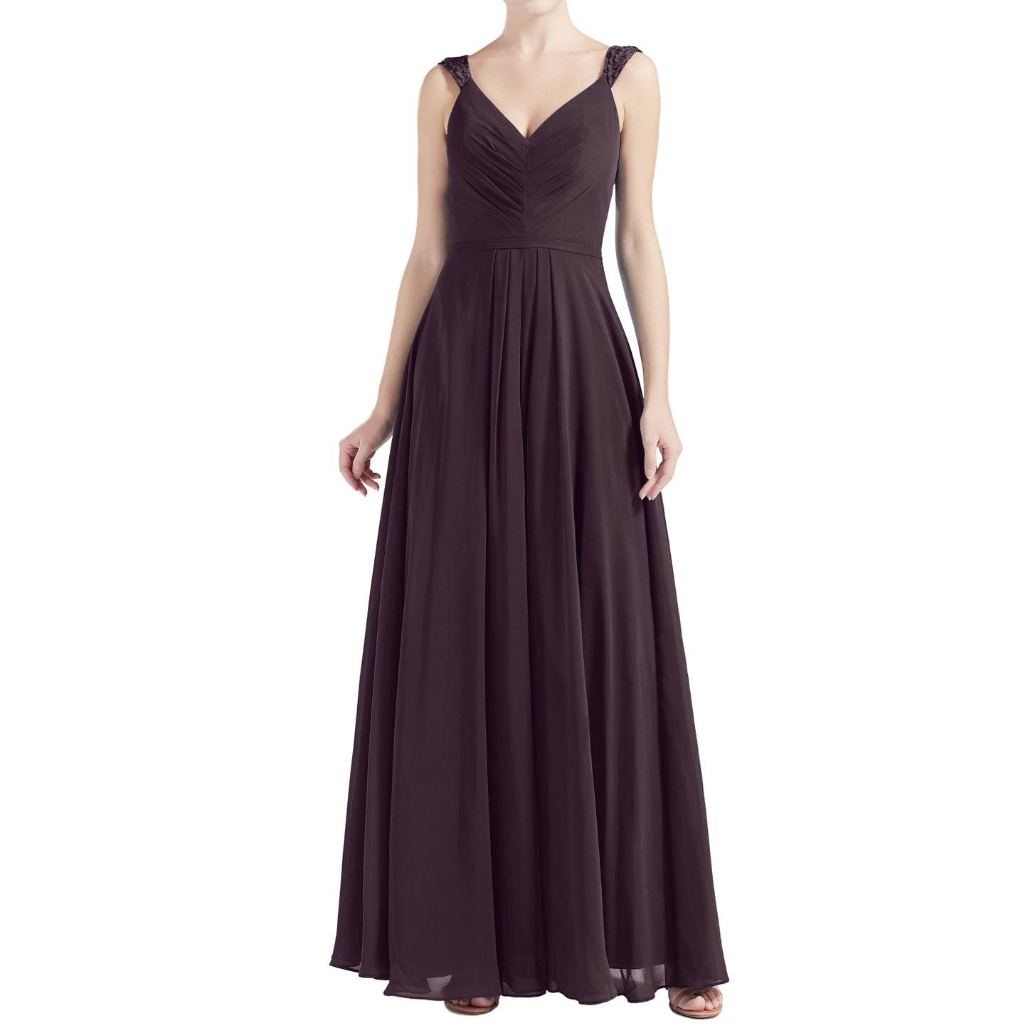 MACloth Women V Neck Lace Chiffon A Line Maxi Wedding Party Bridesmaid Dresses