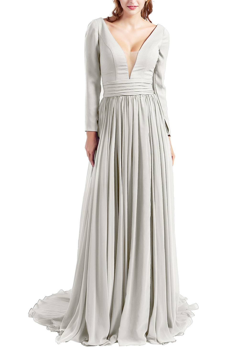 MACloth Women Plunging V Neck Long Sleeve Formal Evening Dress Prom Party Gown