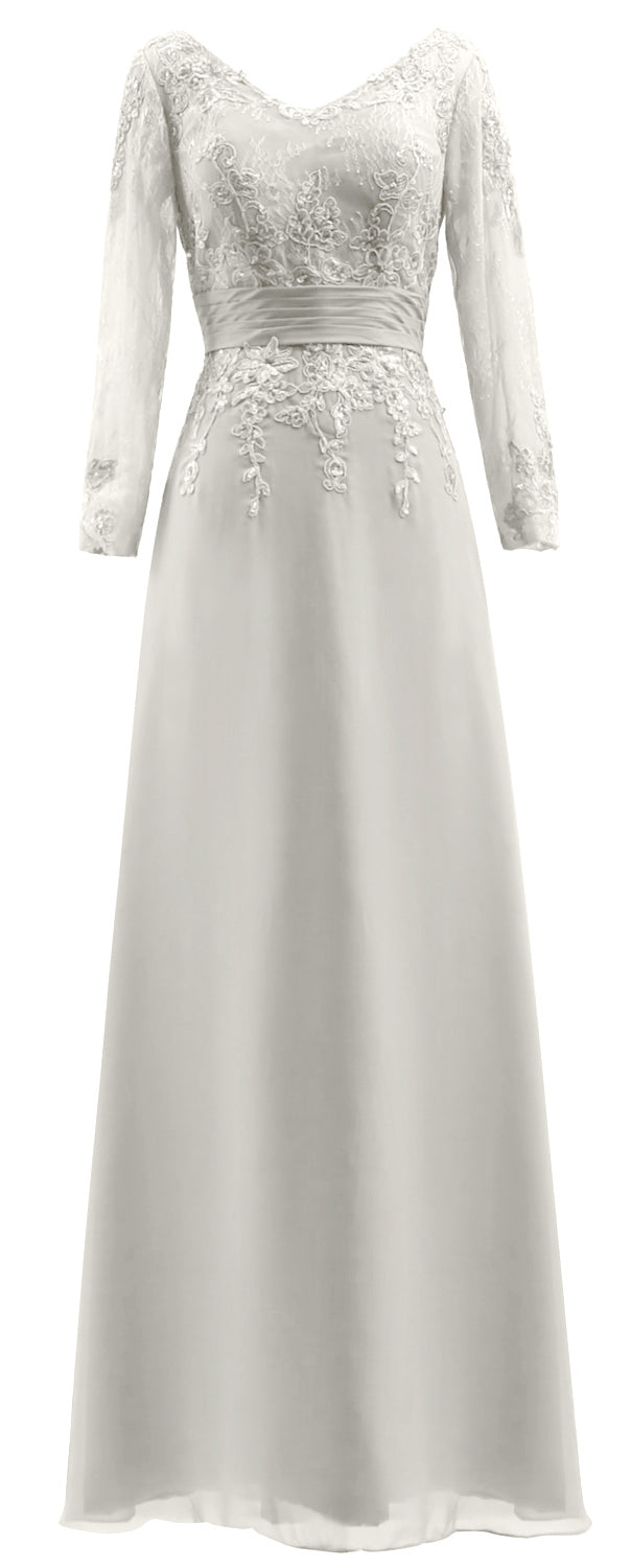 MACloth Vestidos de madre de la novia Mangas largas Cuello en V Encaje Vestido de noche formal