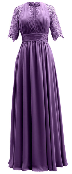 MACloth Long Mother of Bride Dresses Half Sleeves V Neck Formal Evening Gown