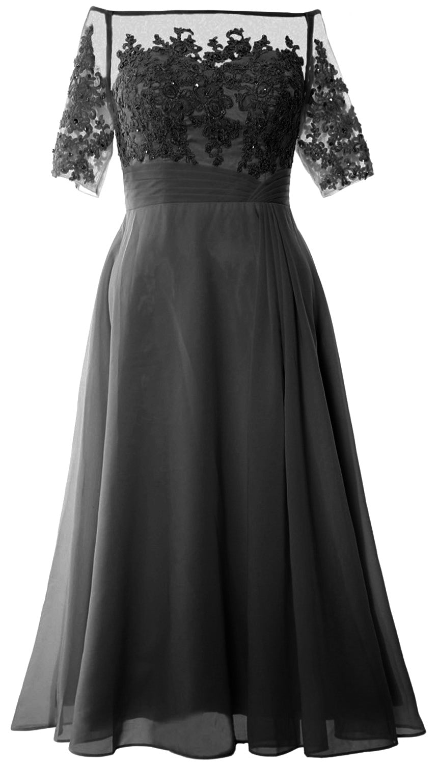 Vestidos de madre de la novia de MACloth, mangas cortas, midi, hombros descubiertos, semi formales