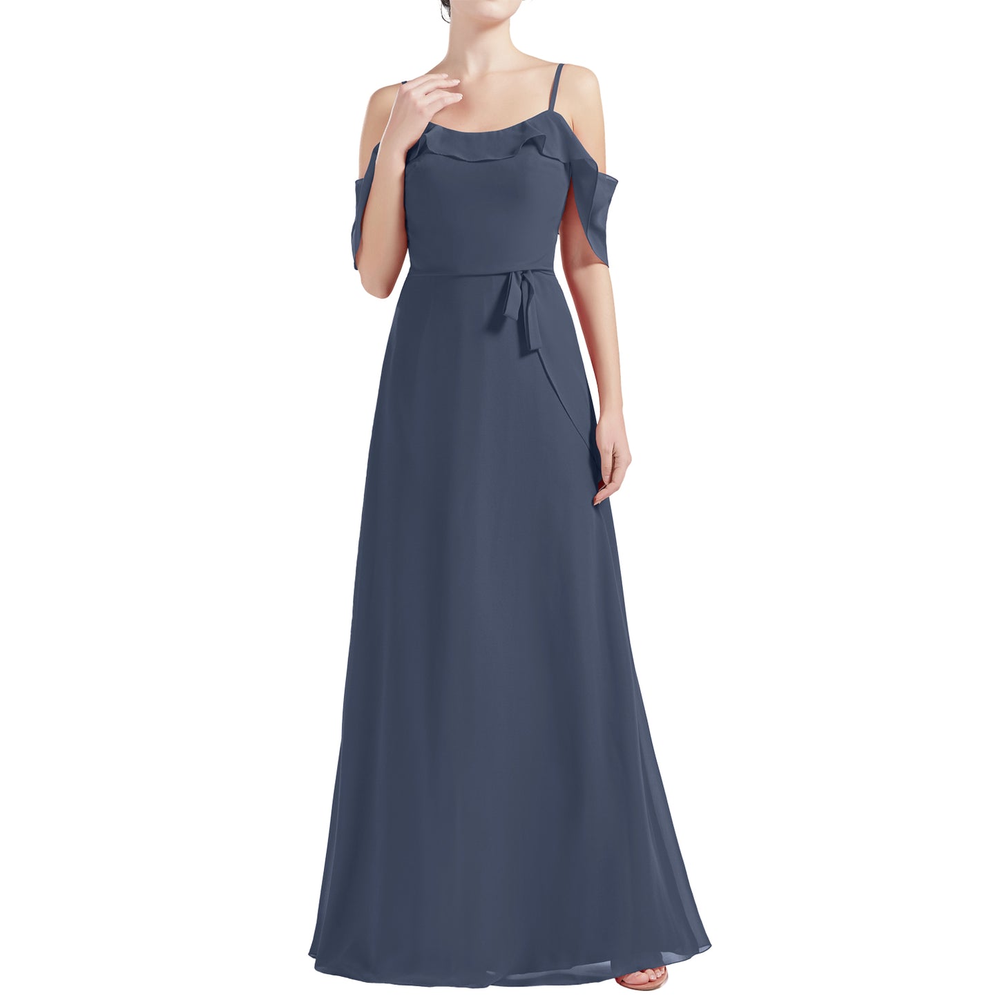 MACloth Women Cold Shoulder Long A Line Wedding Bridesmaid Dresses Steel Blue / Above Knee / US12