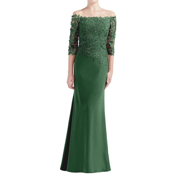 MACloth Women Off Shoulder 3/4 Sleeves Long Mother Bride Dresses Evening Gown