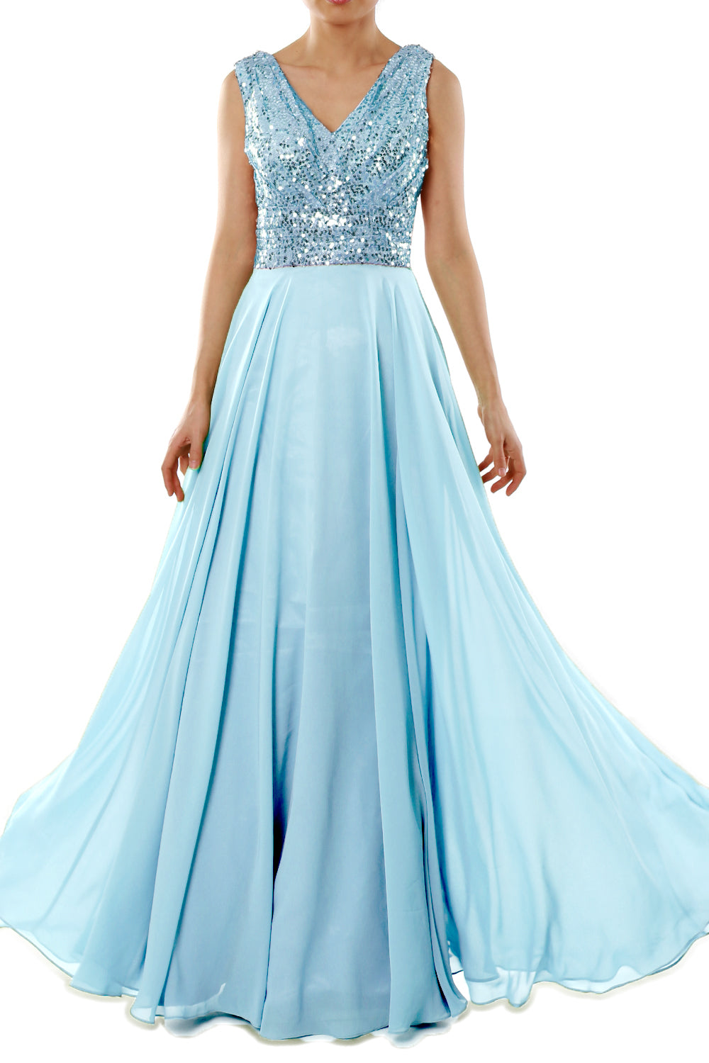 MACloth Women Sleeveless Long Bridesmaid Dresses V Neck Sequin Evening Gown