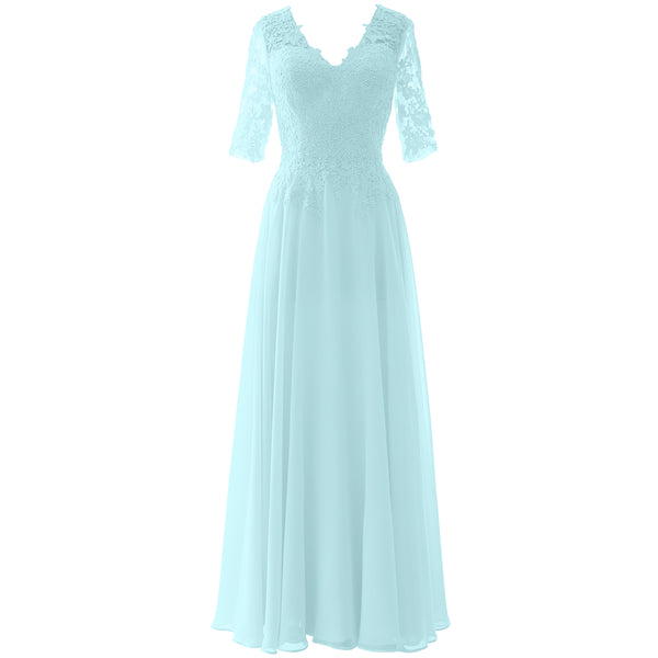 MACloth Long Maxi Mother Bride Dresses Short Sleeve Lace V Neck Evening Gown