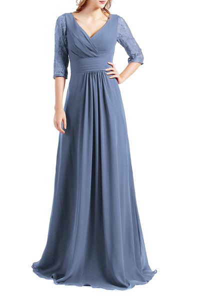 MACloth Women Half Sleeve V Neck Lace Long Wedding Party Bridesmaid Mother Dress