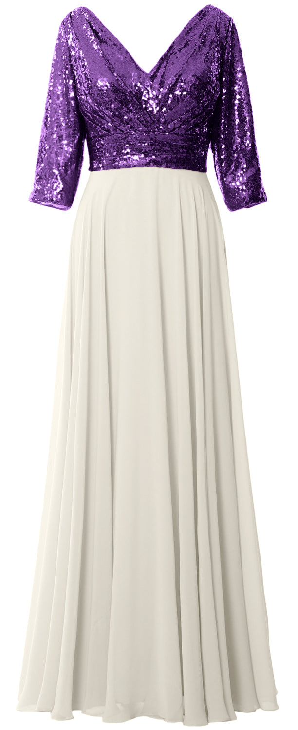 MACloth Damen Maxikleid mit langen Ärmeln und V-Ausschnitt und Pailletten