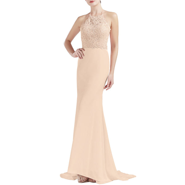 MACloth Women Sleeveless Halter Jersey Mermaid Long Prom Party Dresses Evening