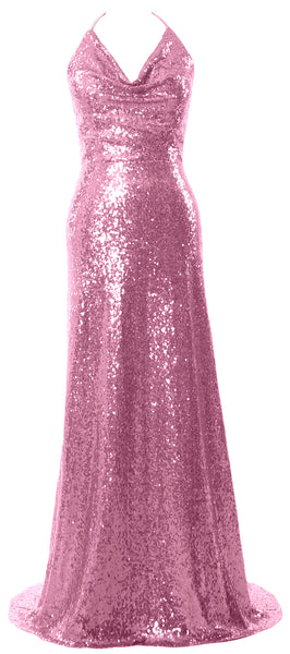 MACloth Women Halter Long Sequin Bridesmaid Dresses Party Evening Gown Maxi