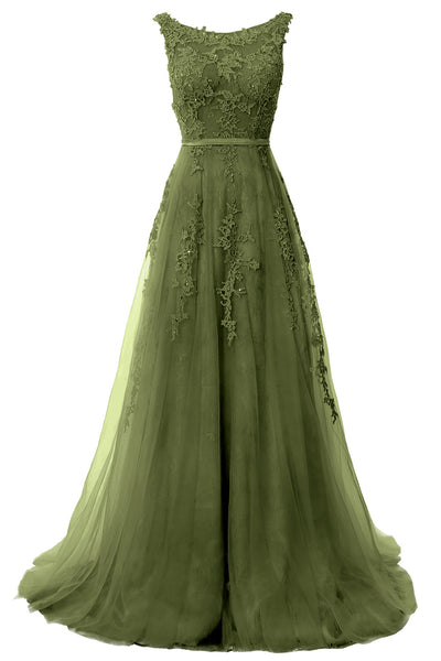 MACloth Lace Prom Dresses Boat Neck Sleeveless Lace Wedding Formal Evening Gown