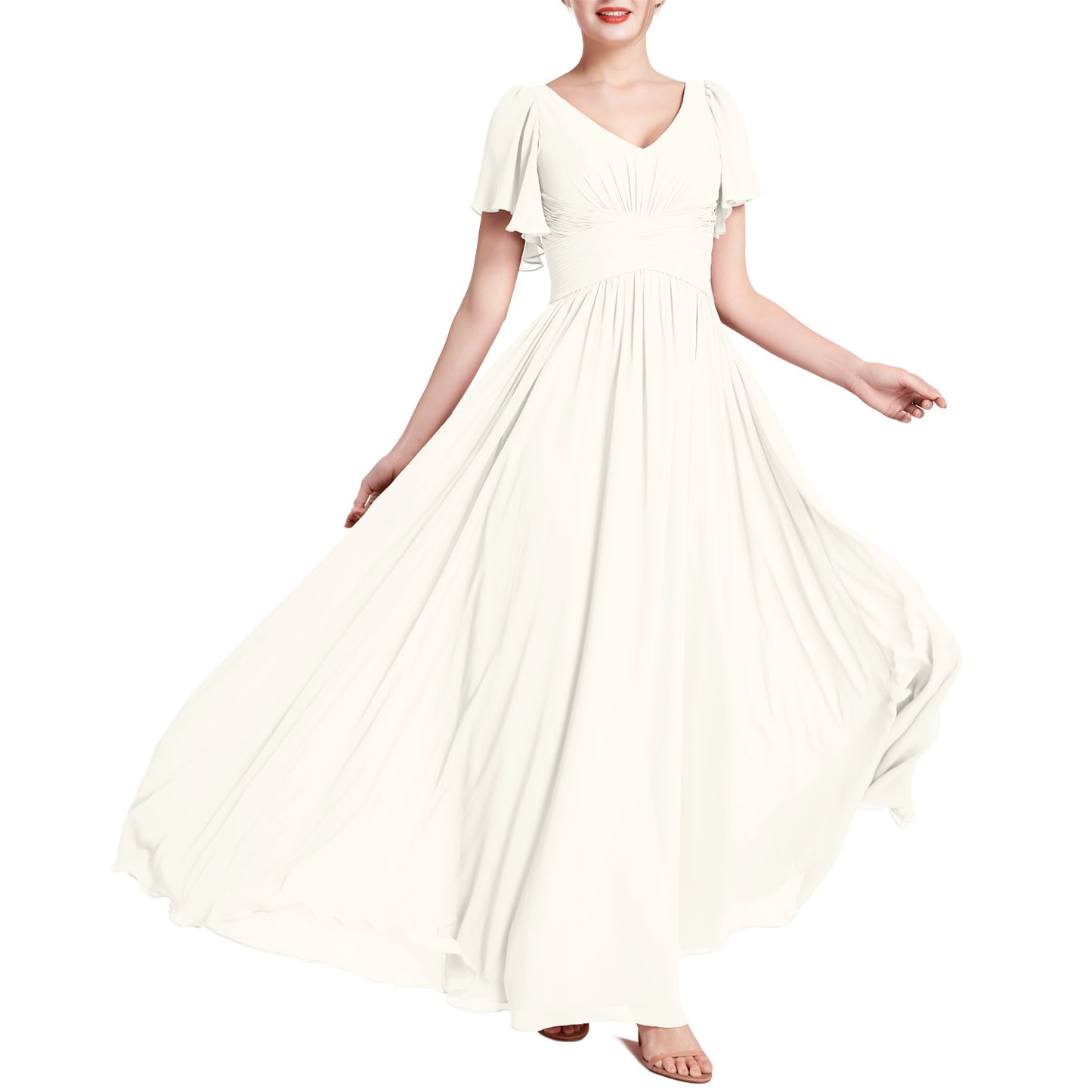 MACloth Vestidos de dama de honor románticos para fiesta de boda con cuello en V y manga corta para mujer