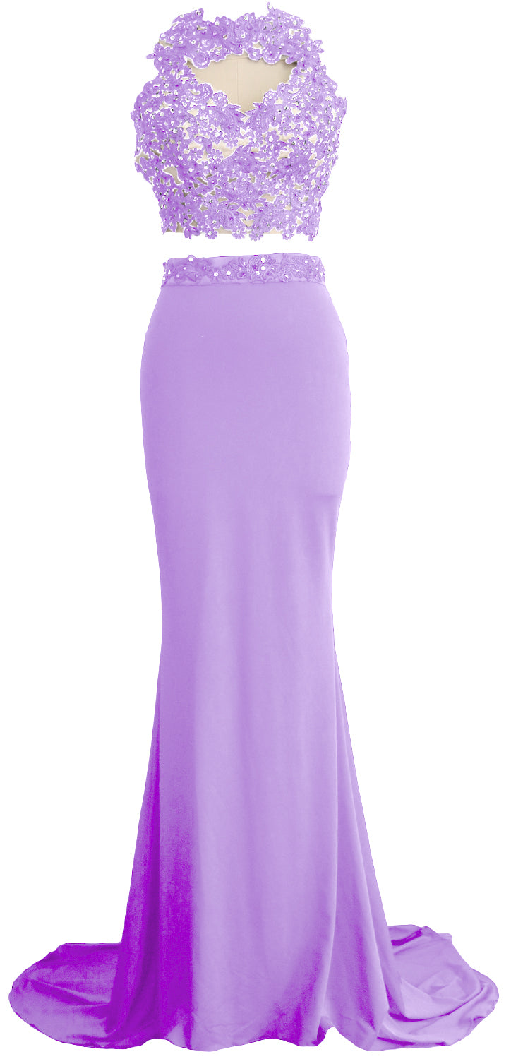 MACloth Damen Meerjungfrau 2-teiliges langes Ballkleid aus Spitze und Jersey, Abendkleid