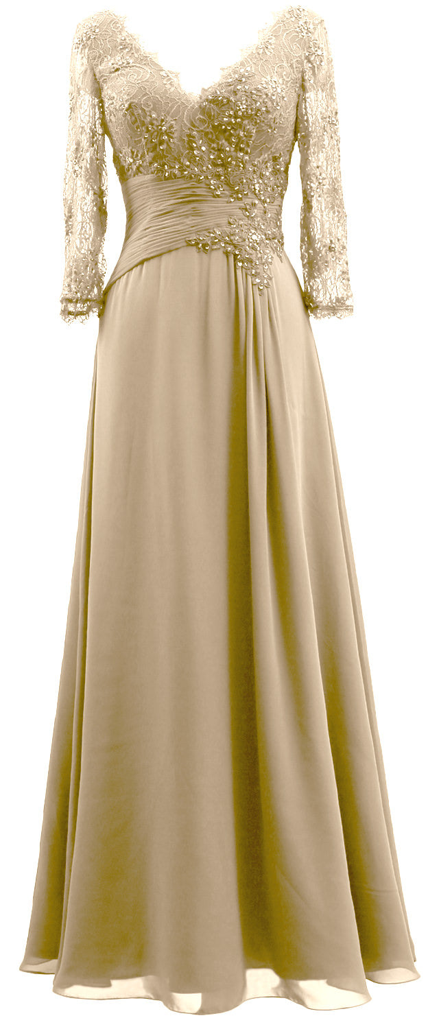 MACloth Women V Neck Long Mother of Bride Dresses 3/4 Sleeve Formal Evening Gown