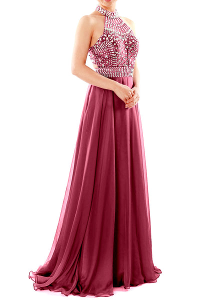 MACloth Women Halter High Neck Sleeveless Long Prom Party Dress Evening Gown