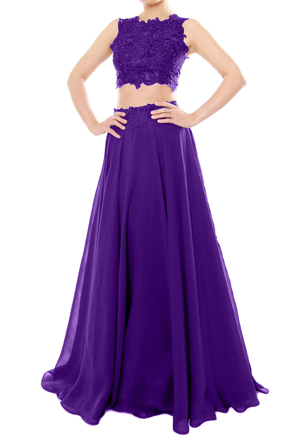 MACloth Vestido largo de gasa con encaje y cuello alto de dos piezas para mujer, vestido de fiesta formal para graduación