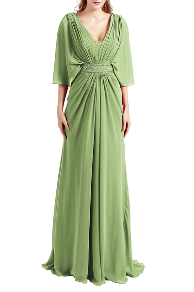 MACloth Women Elegant Long V Neck Mother of Bride Dresses Evening Gown Sleeves