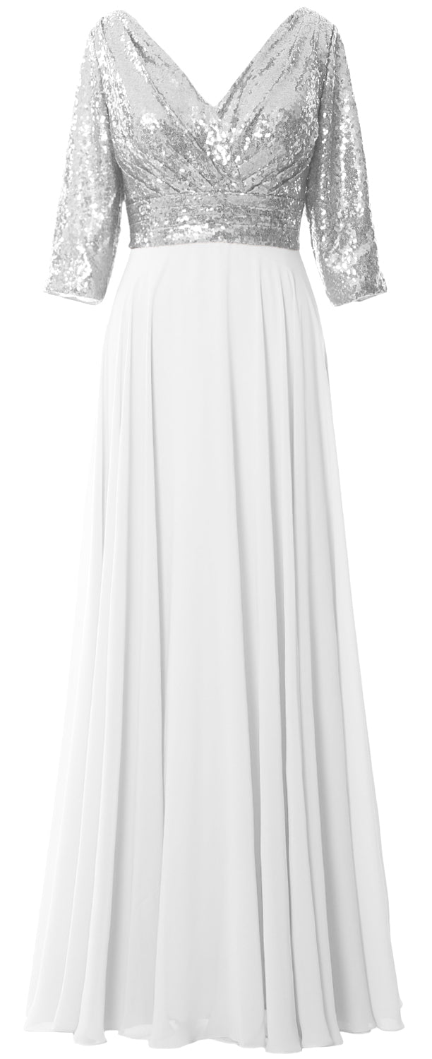 MACloth Damen Maxikleid mit langen Ärmeln und V-Ausschnitt und Pailletten