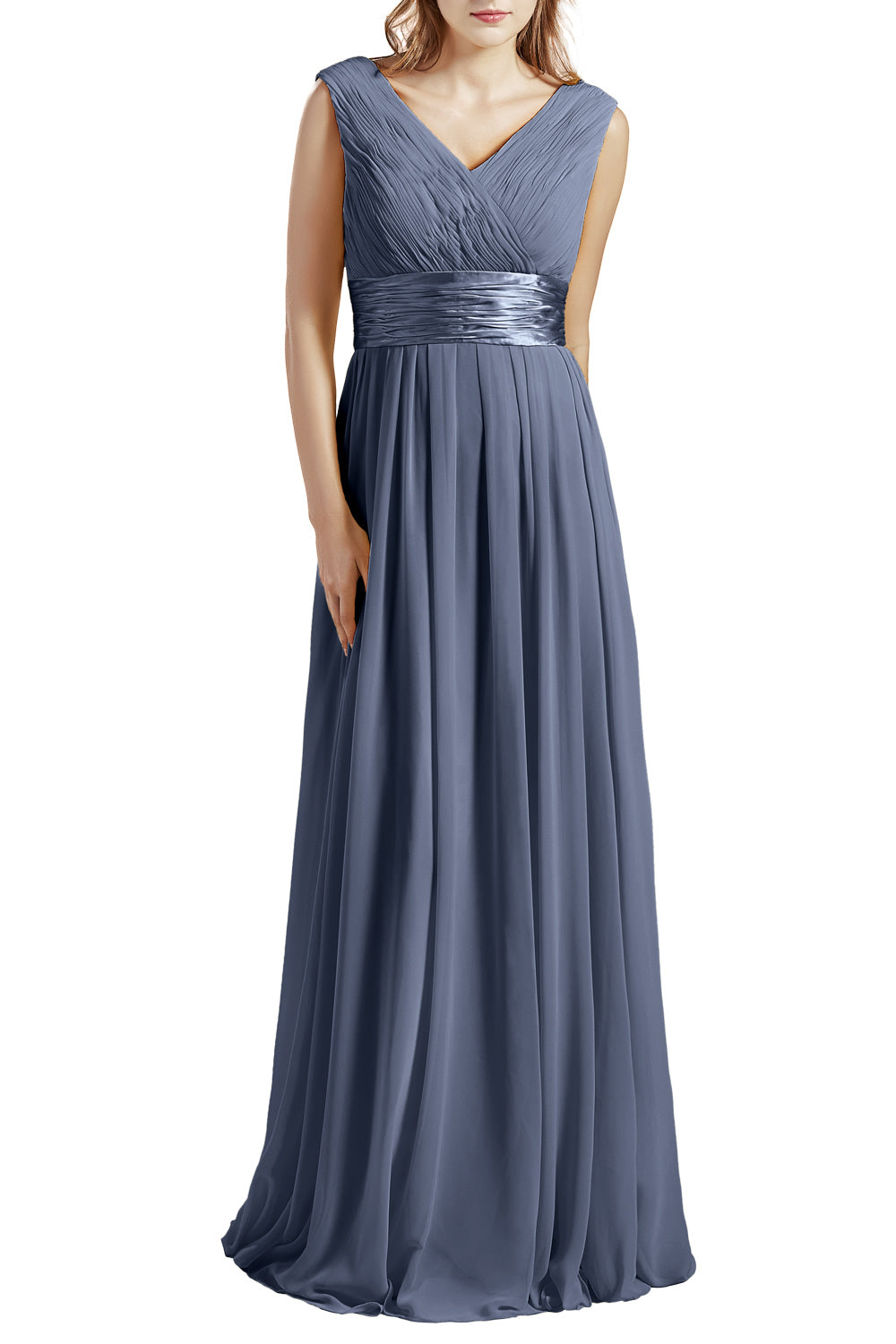 MACloth Damen Langes V-Ausschnitt Chiffon Brautjungfernkleid mit Rüschen BD