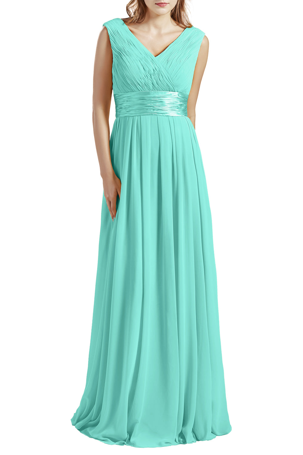 MACloth Damen Langes V-Ausschnitt Chiffon Brautjungfernkleid mit Rüschen BD