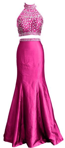 MACloth Women Mermaid Two Piece High Neck Taffeta Long Prom Dress Formal Gown