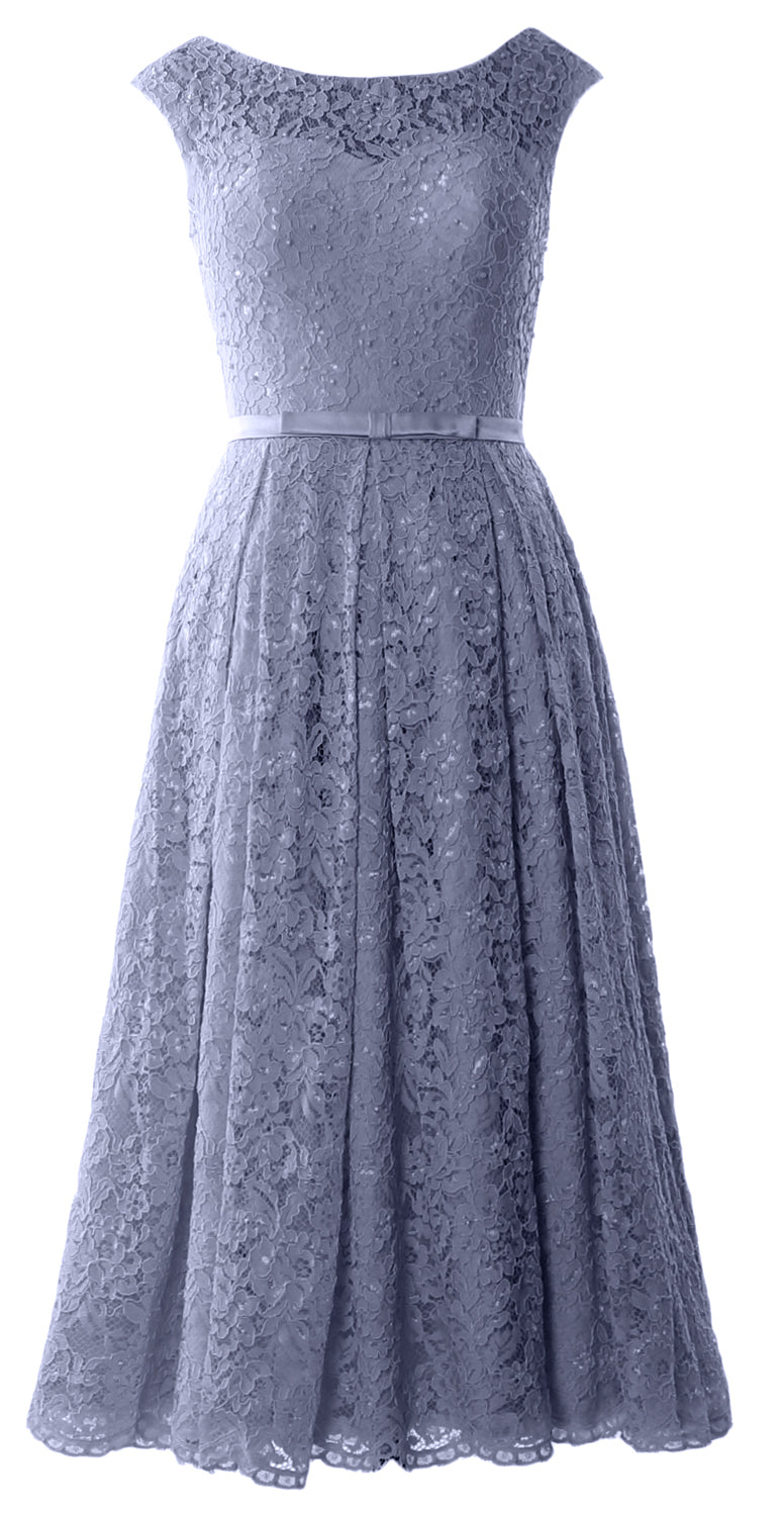 MACloth Women Tea Length Mother Bride Gown Dresses Cap Sleeve Lace Midi Corset