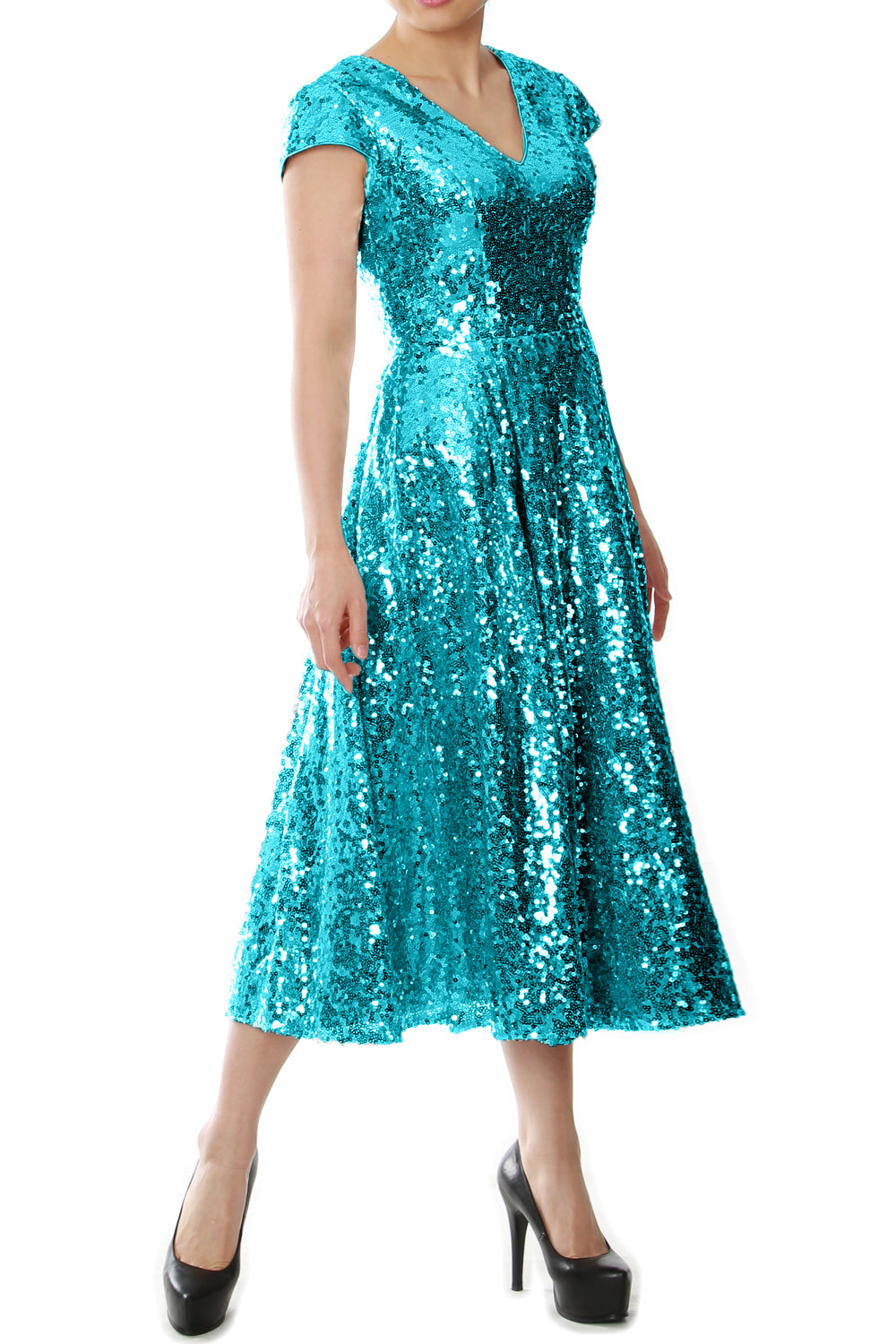 MACloth Damen Midi-Kleid für die Brautmutter, Pailletten, Flügelärmel, für Hochzeit, Party