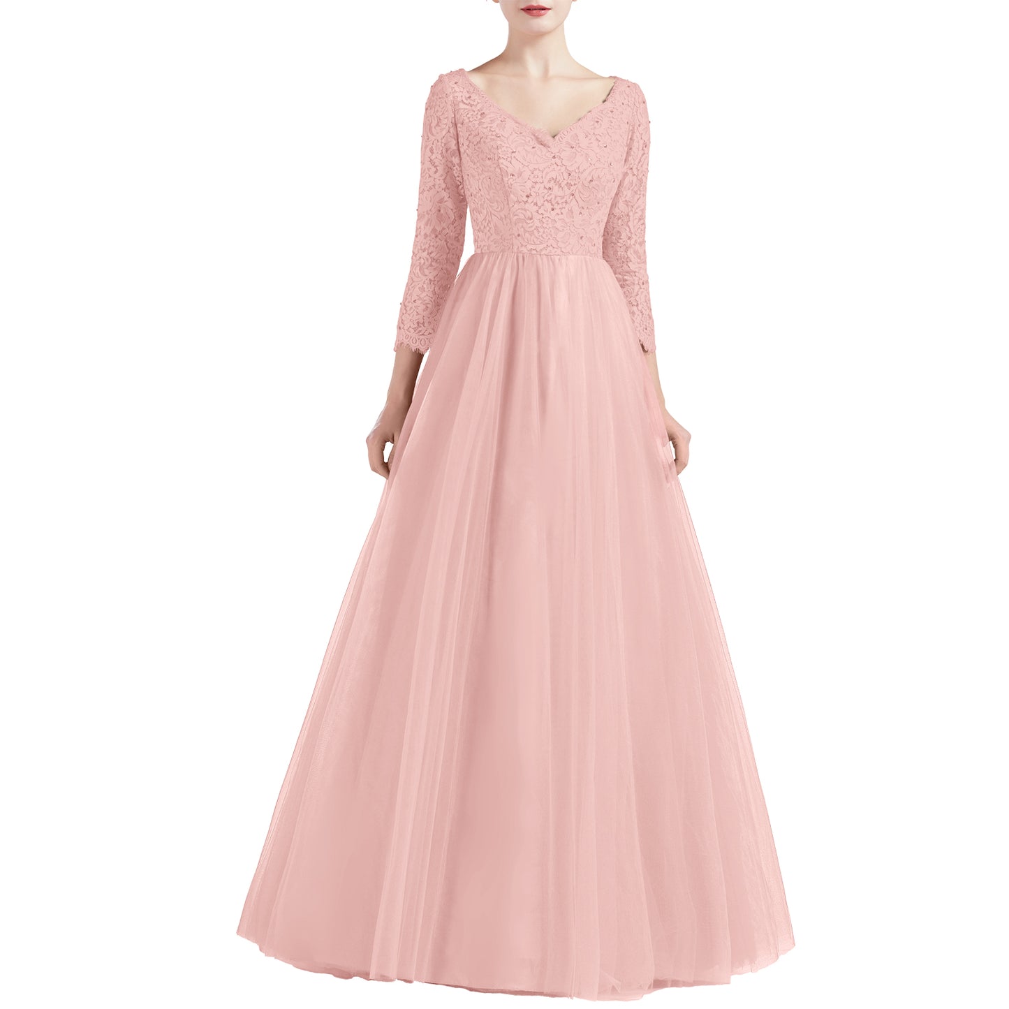 MACloth Women V Neck 3/4 Sleeve Long Tulle Prom Party Dresses Ball Gown Bridal