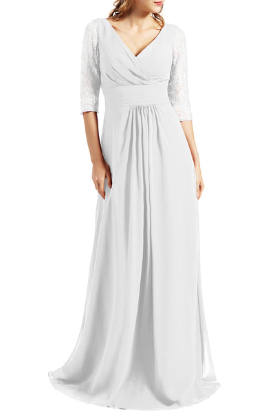 MACloth Women Long Mother of the Bride Dresses V Neck 3/4 Sleeves Evening Gown