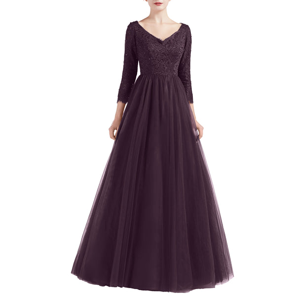 MACloth Women V Neck 3/4 Sleeve Long Tulle Prom Party Dresses Ball Gown Bridal