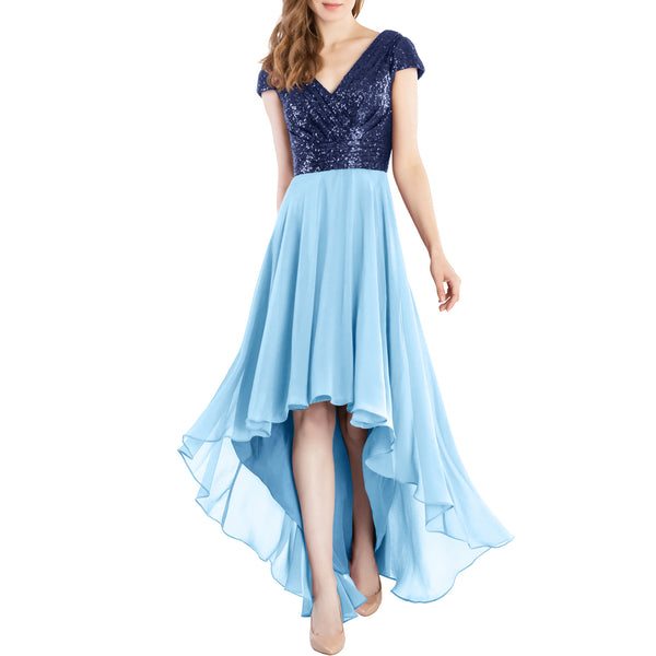 MACloth Mother of Bride Dresses Cap Sleeves High Low Sequin Wedding Formal Gown