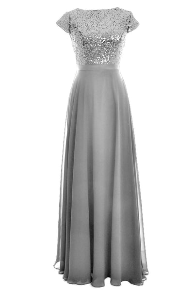 MACloth Women Cap Sleeve Sequin Long Birdesmaid Dress Wedding Party Formal Gown