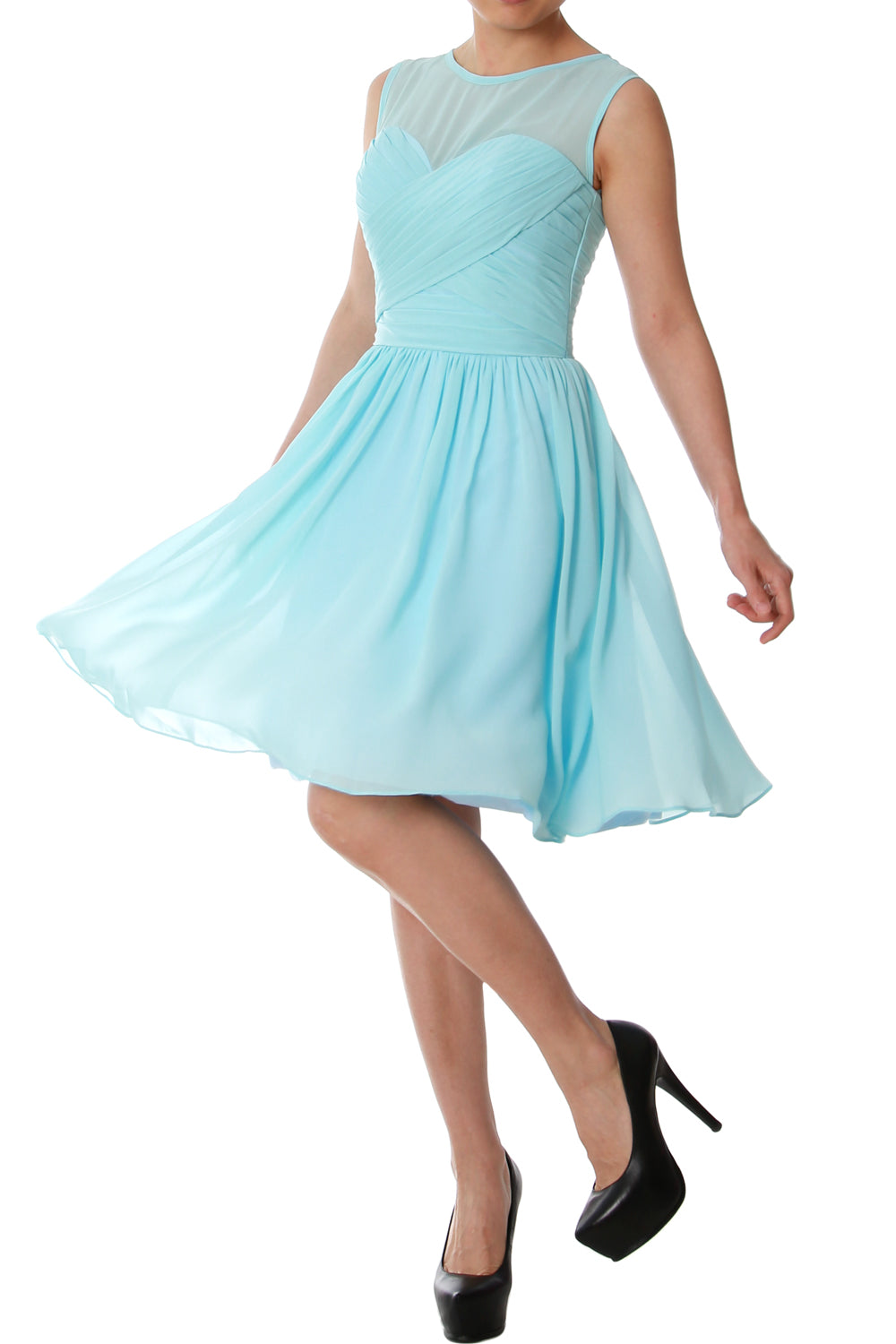 Vestido de dama de honor corto con cuello redondo elegante de MACloth, vestido formal de gasa para fiesta de boda