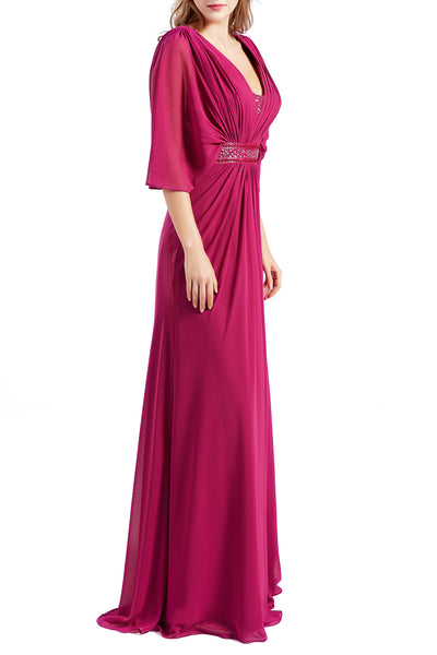 MACloth Women Elegant Long V Neck Mother of Bride Dresses Evening Gown Sleeves