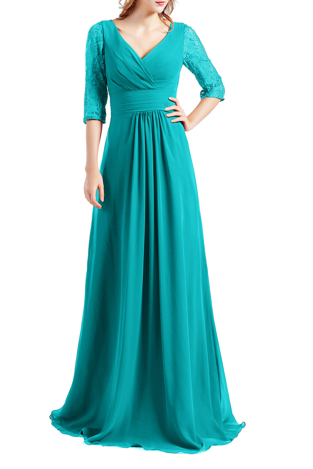 MACloth Damen-Kleid, Halbarm, V-Ausschnitt, Spitze, lang, für Hochzeit, Party, Brautjungfer, Mutter