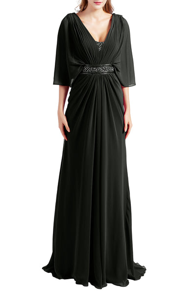MACloth Women Elegant Long V Neck Mother of Bride Dresses Evening Gown Sleeves
