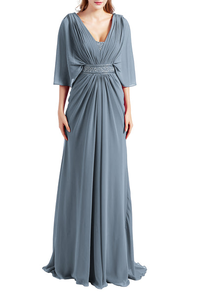 MACloth Women Elegant Long V Neck Mother of Bride Dresses Evening Gown Sleeves