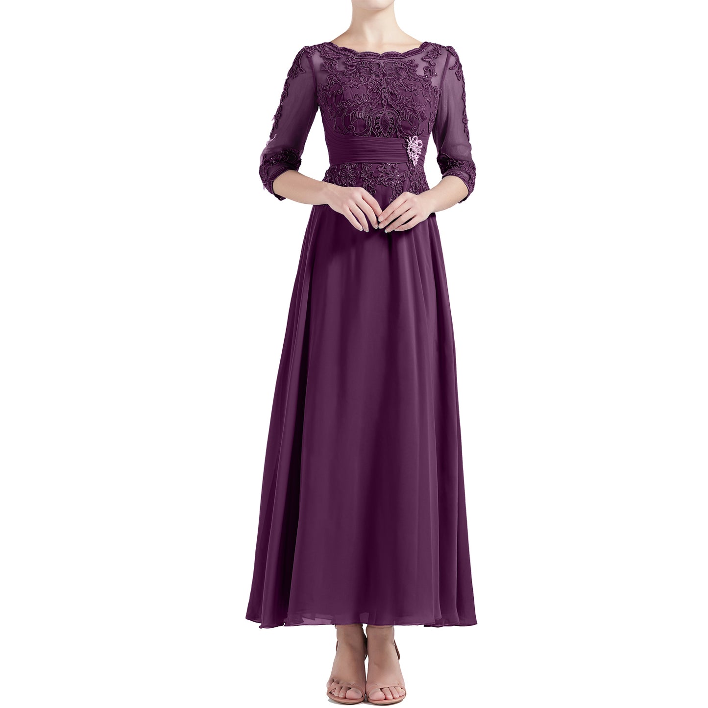 purple mother of the bride dresses tea length Naelithara Graceful Scoop Lace Satin Dresses, Length;Silhouette Purple Lilac And Lavender Mother
