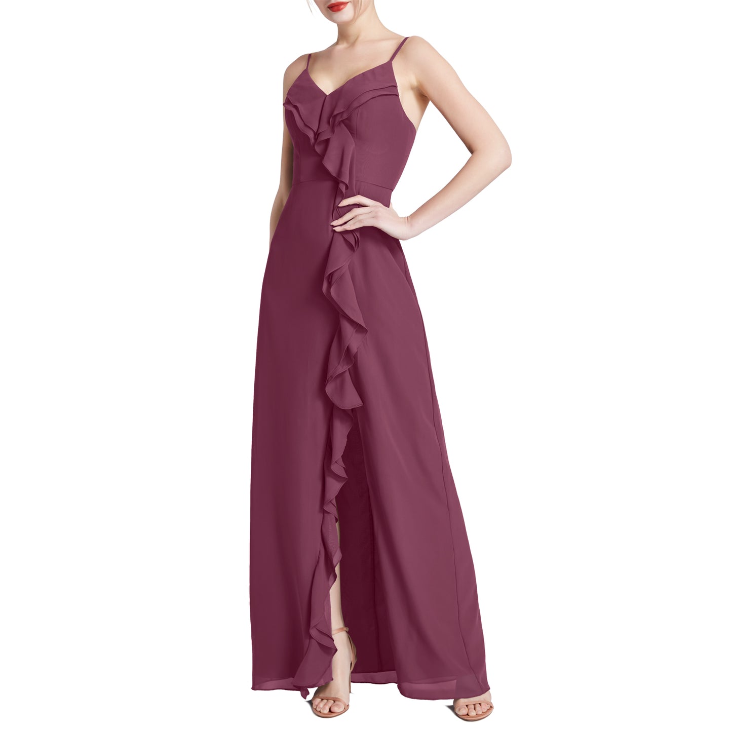 MACloth Women V Neck Ruffle Chiffon Long Wedding Party Bridesmaid Dresses Slit