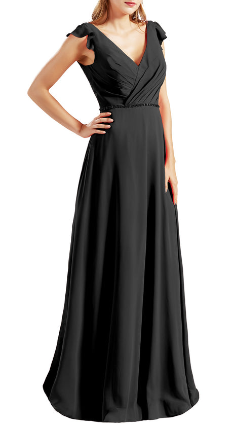 MACloth Women Cap Sleeves V Neck Chiffon Long Bridesmaid Dresses Evening Gown