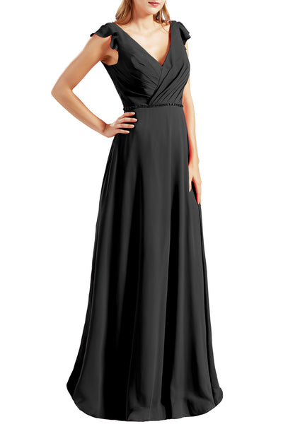 MACloth Women Cap Sleeves V Neck Chiffon Long Bridesmaid Dresses Evening Gown