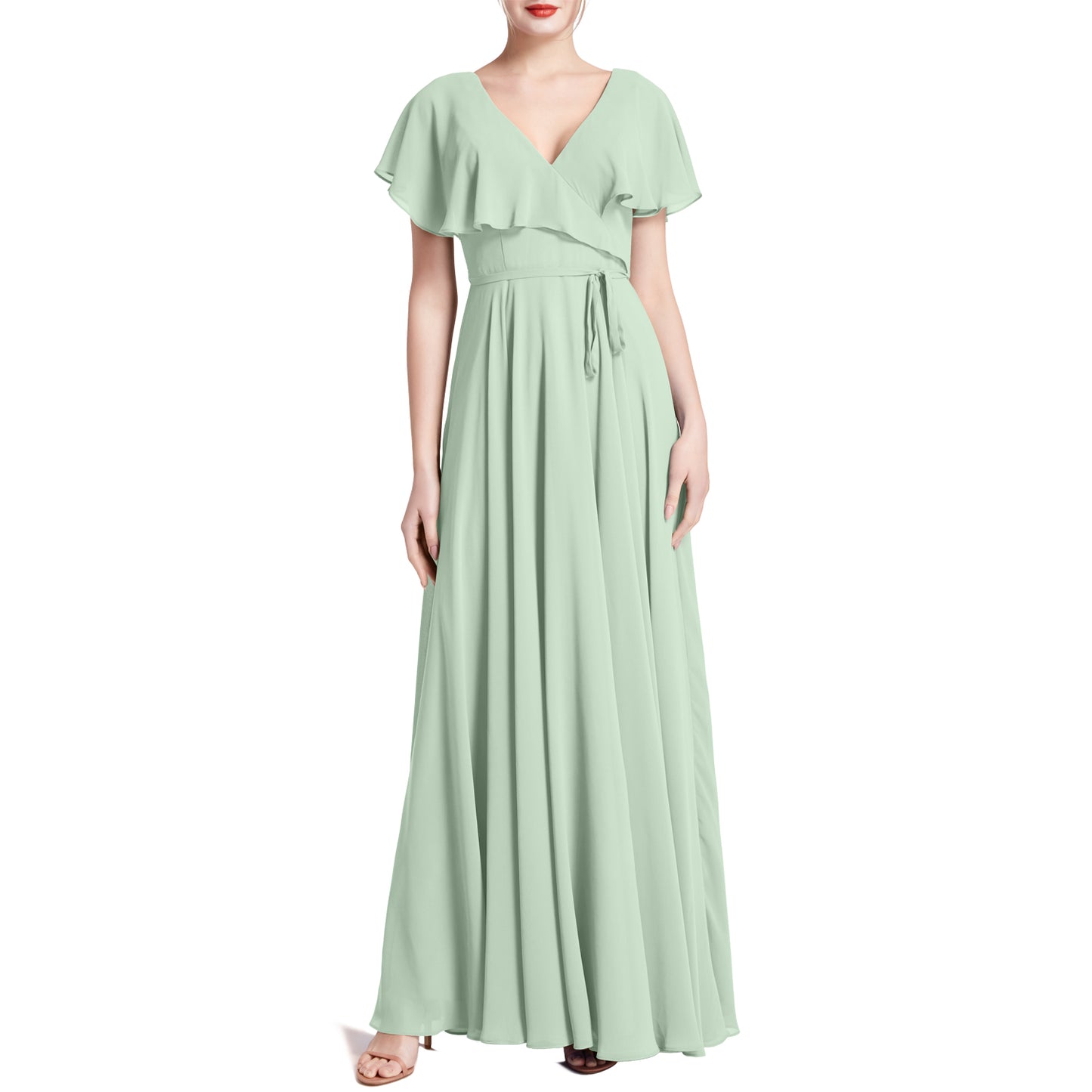 MACloth Women V Neck Ruffle BatWing Short Sleeve Maxi Wedding Bridesmaid Dresses