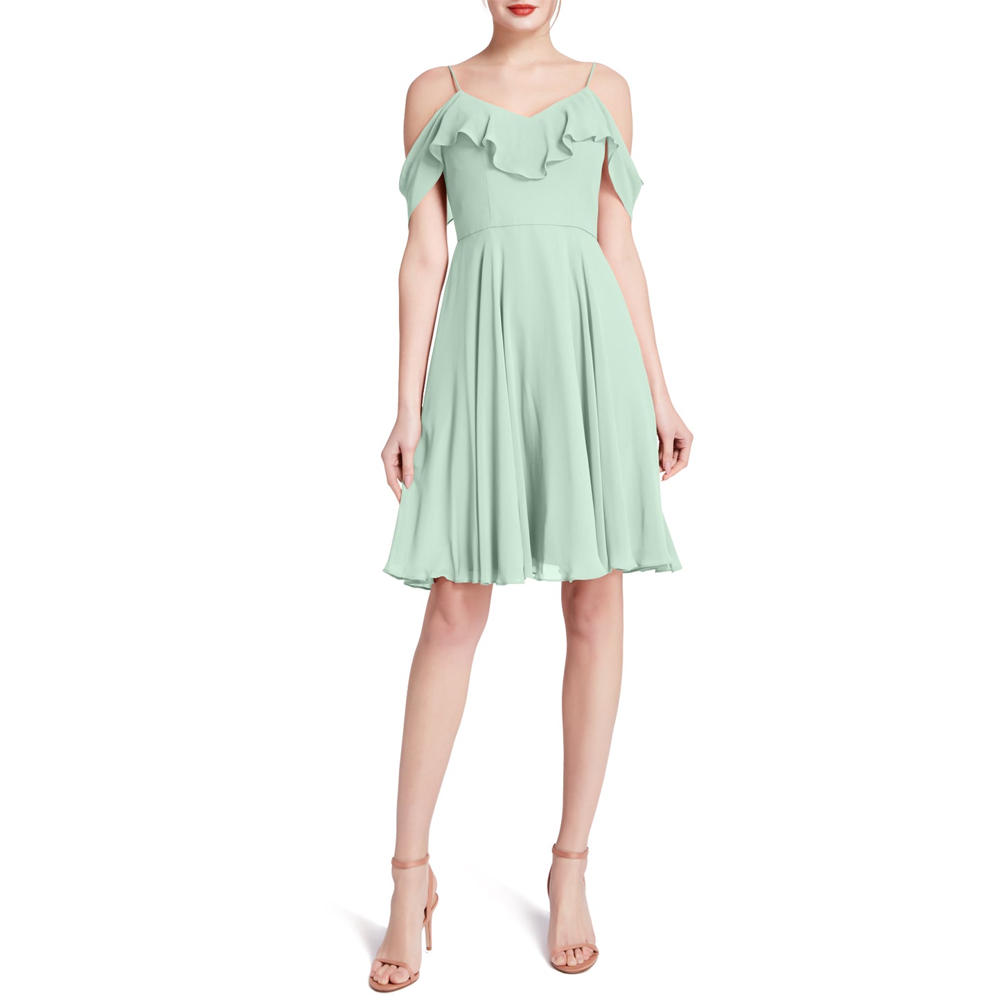 MACloth Damen-Kleid mit kalten Schultern und Rüschen, kurz, für Hochzeit, Party, Brautjungfern