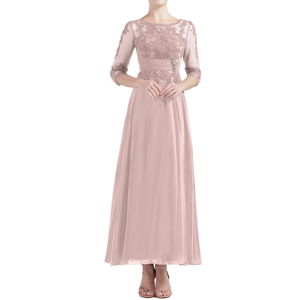 MACloth Women Tea Length 3/4 Sleeve Boat Neck Mother Bride Dresses Bridal Party